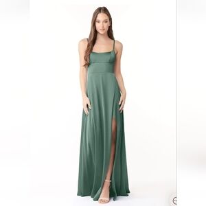 Azazie Emerald Green Satin Spaghetti Strap Gown